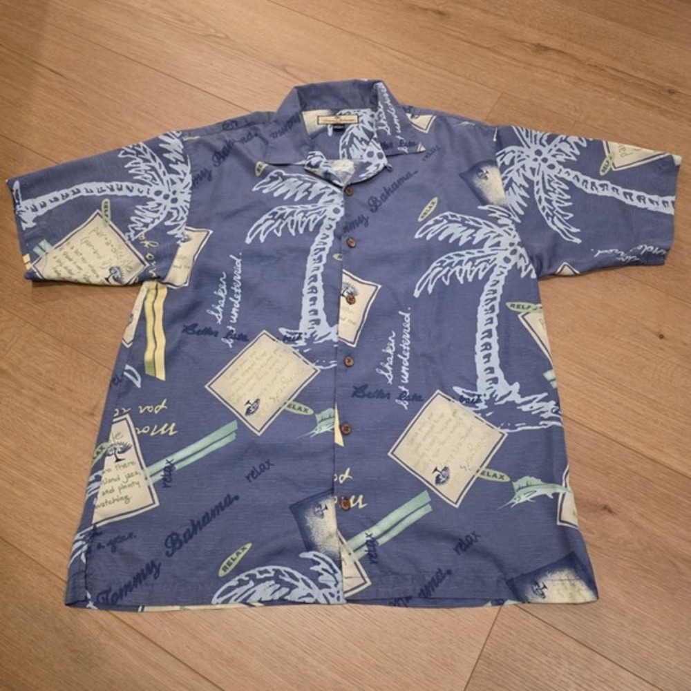 Tommy Bahama Mens Medium Silk Tropical Palm‎ Tree Marlin Camp Shirt Blue Relax